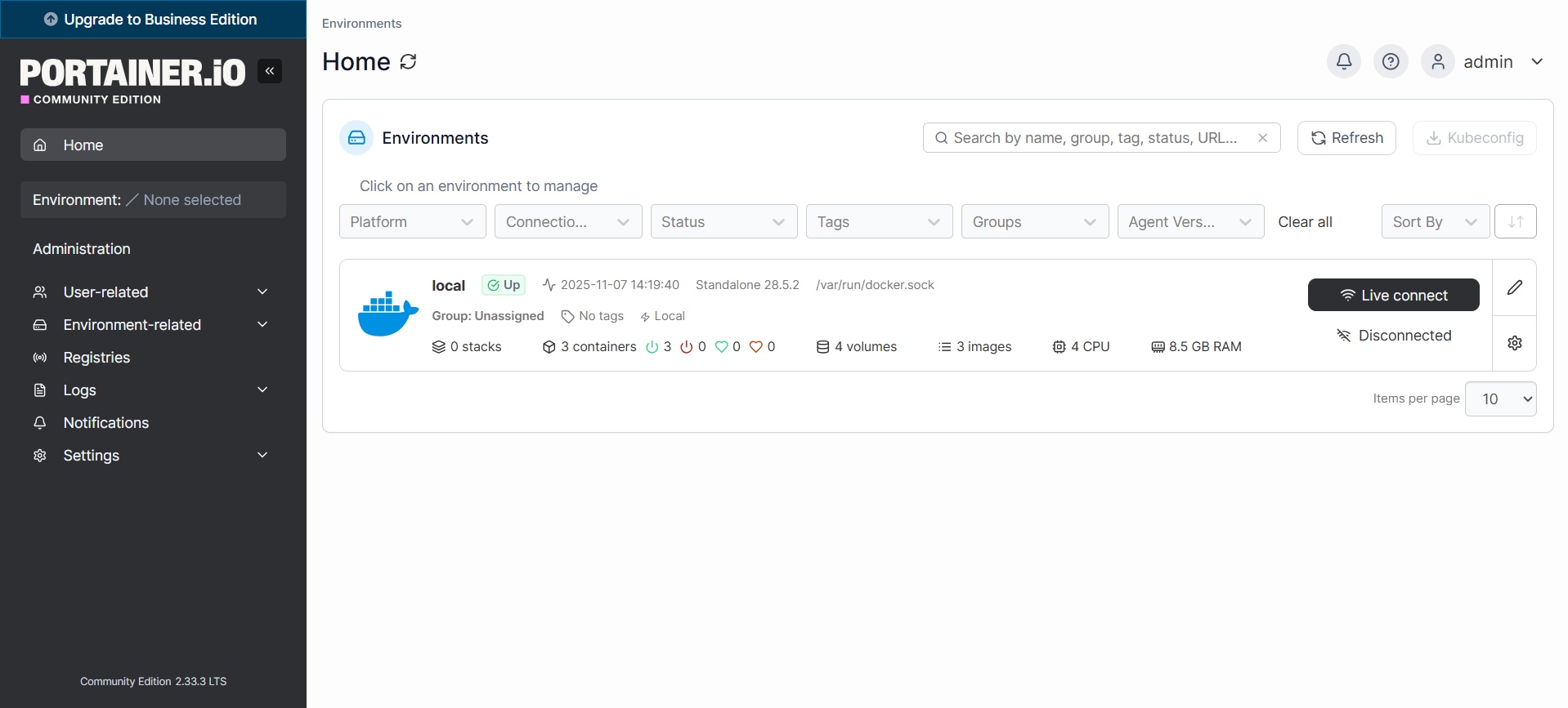Screenshot of Portainer dashboard homepage