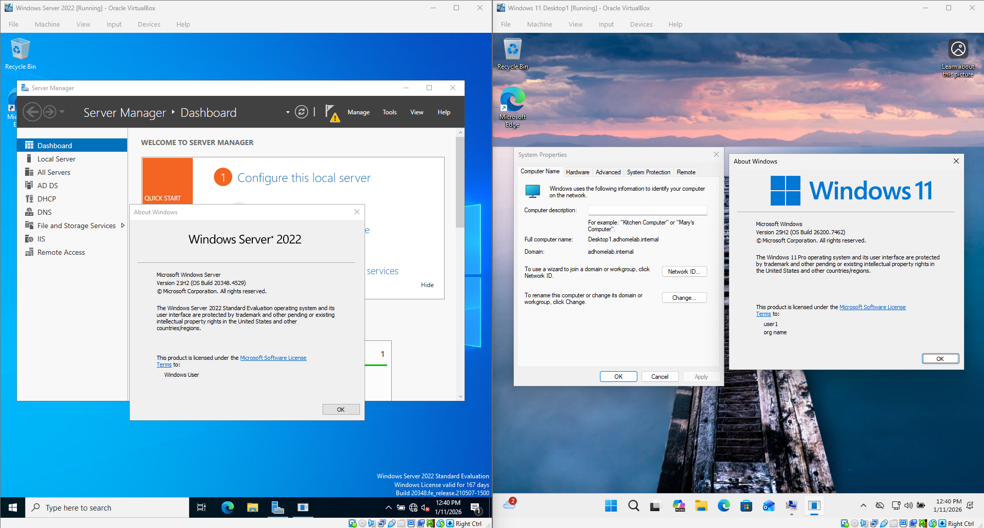 Screenshot of Windows Server 2022 and Windows 11 VMs