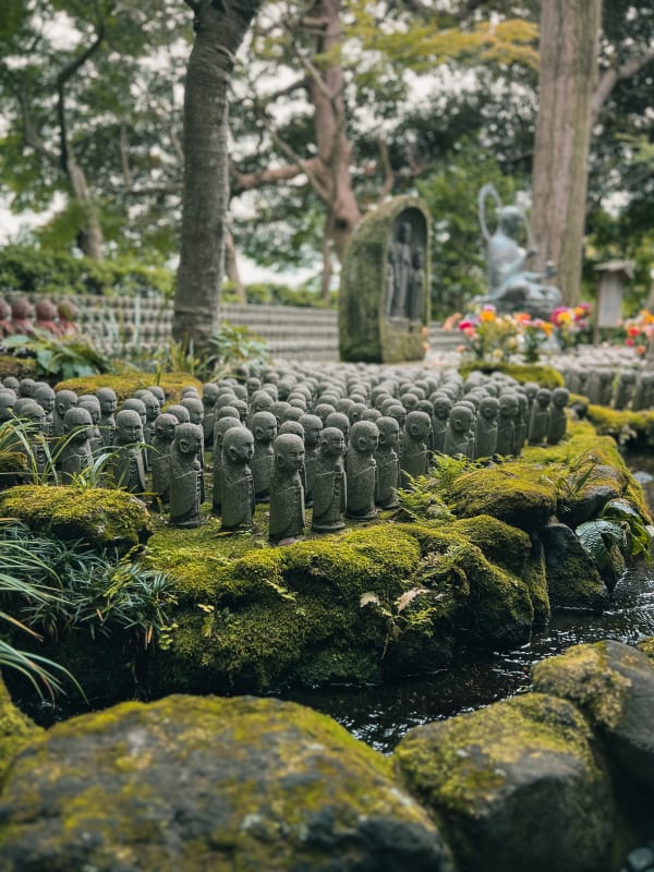 Hasedera Temple, Kamakura, Japan. Hundreds of moss-covered stone Jizo statues beside a tranquil stream, lush green garden.