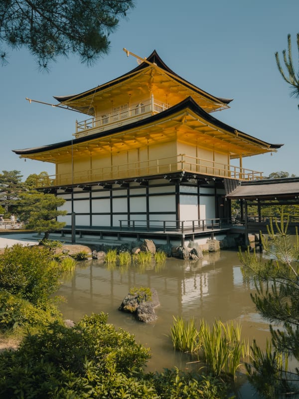 Kinkaku-ji Golden Pavilion reflecting in Kyōkochi Pond, lush Japanese garden, Kyoto, traditional temple architecture