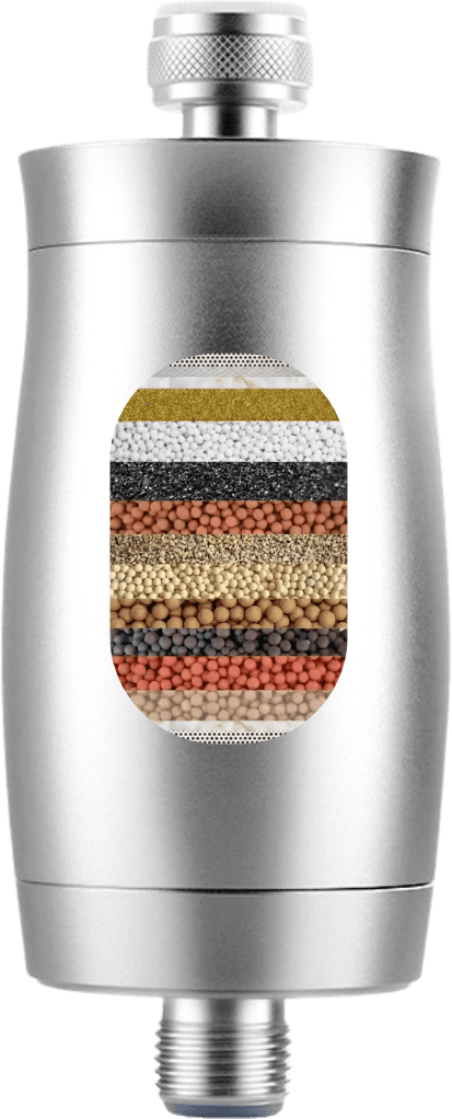 Blamoora shower filter cut-away showing its layered media