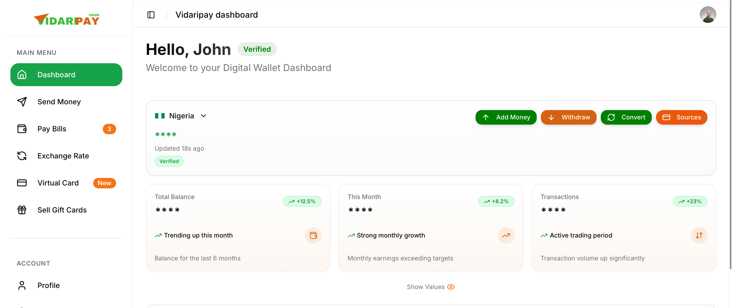 Vidaripay Dashboard Preview showing vendor interface with balance, transactions, and payment options