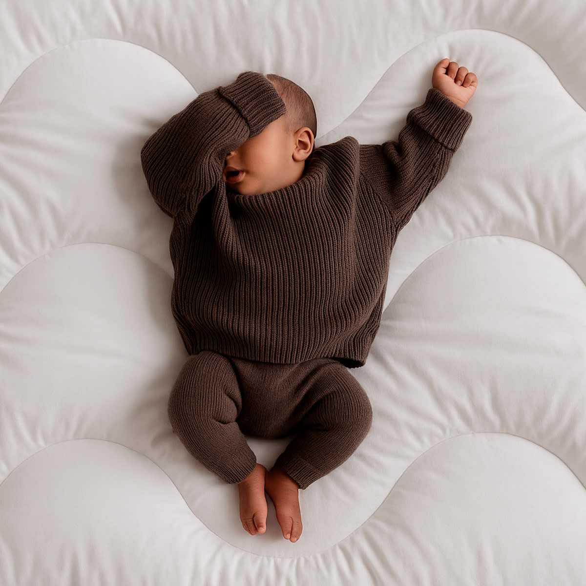 En baby i brunt striktøj sover på et hvidt, vatteret underlag. Den ene arm dækker ansigtet.