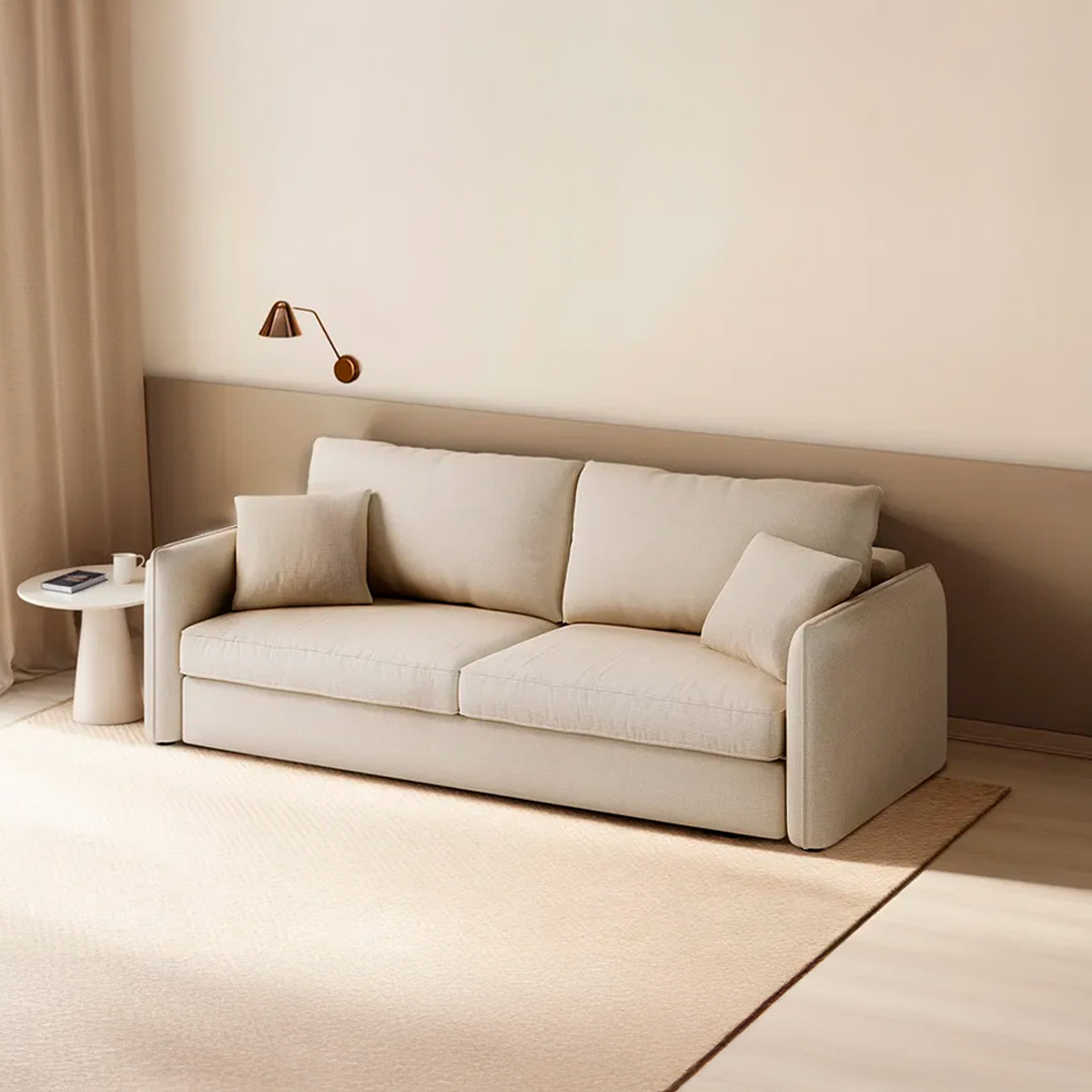 Beige sovesofa fra Phoenix i blødt stof, som også kan bruges som gæsteseng.