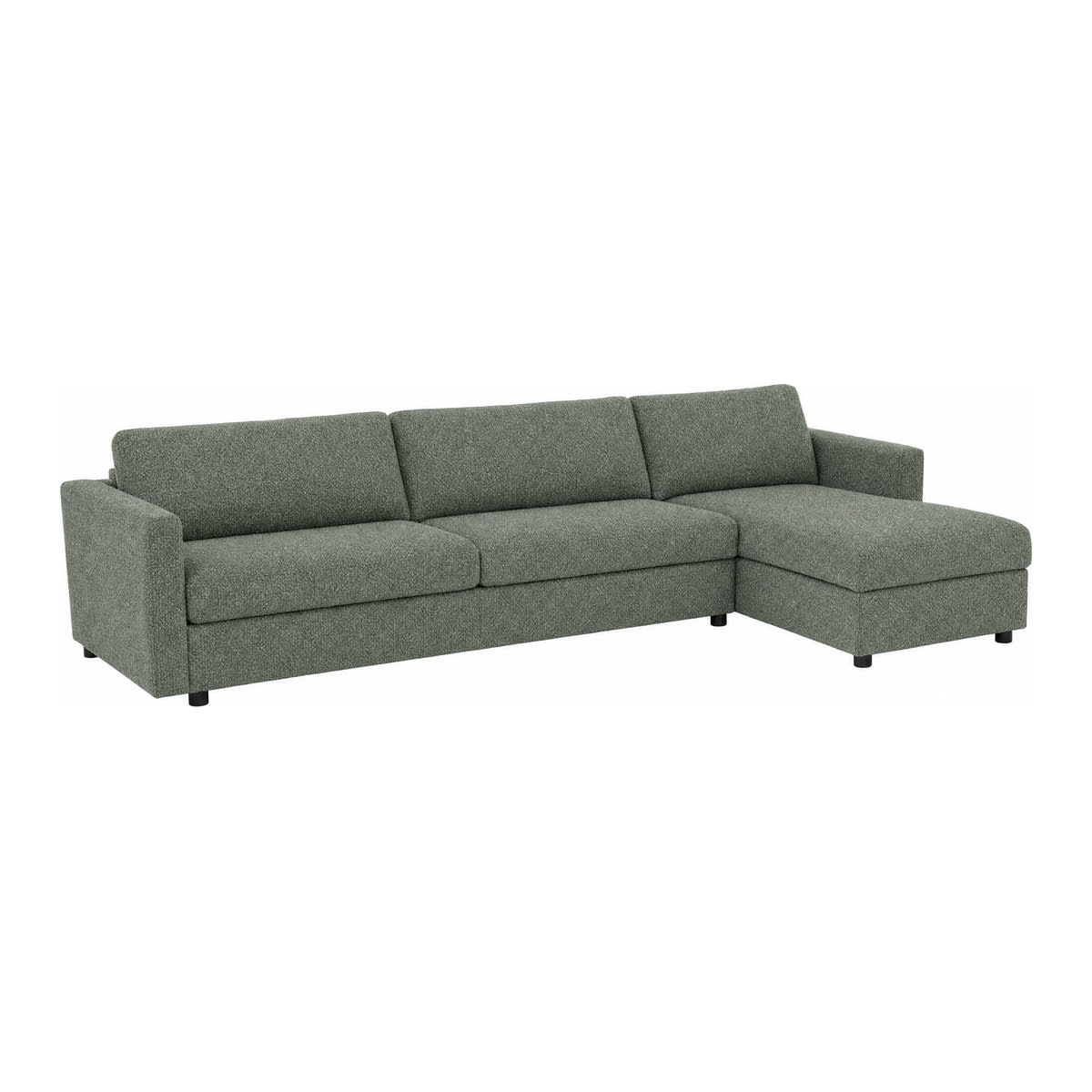 Grøn sovesofa Vilja med lang chaiselong i meleret stof og lige armlæn.