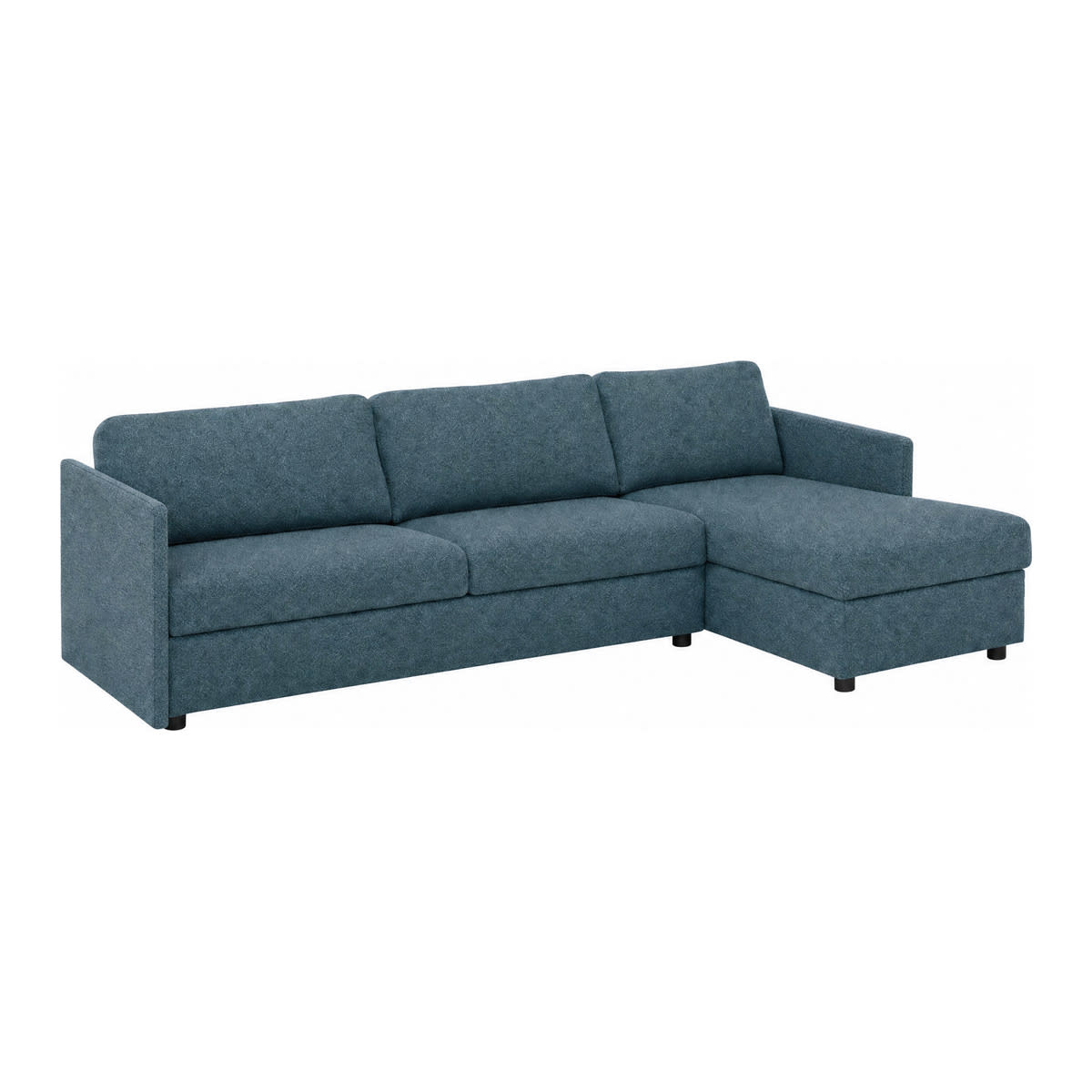 Blå sovesofa Vilma med chaiselong i meleret stof og smalle, lige armlæn.