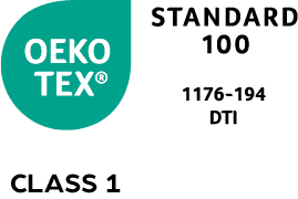OEKO-TEX STANDARD 100 logo for tekstiler, certificeret til klasse 1 for babyartikler.