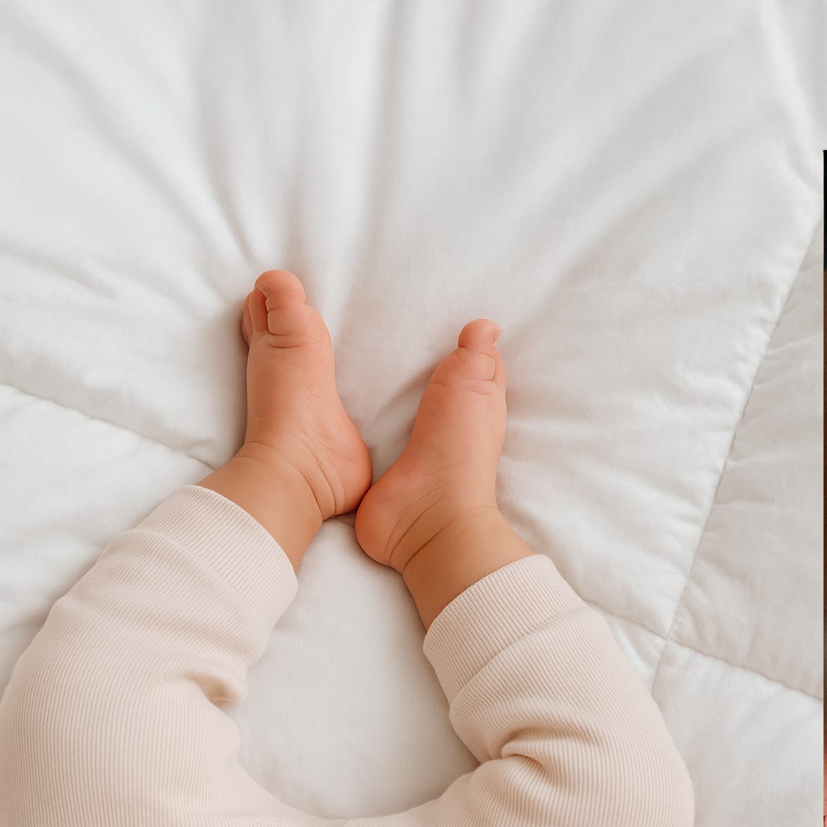 Babyfødder i lyse, ribbede bukser ligger på et hvidt, quiltet tæppe.
