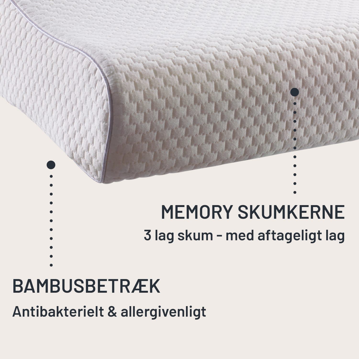 Hvid pude med et mønstret, tekstureret stofbetræk og bløde kanter.