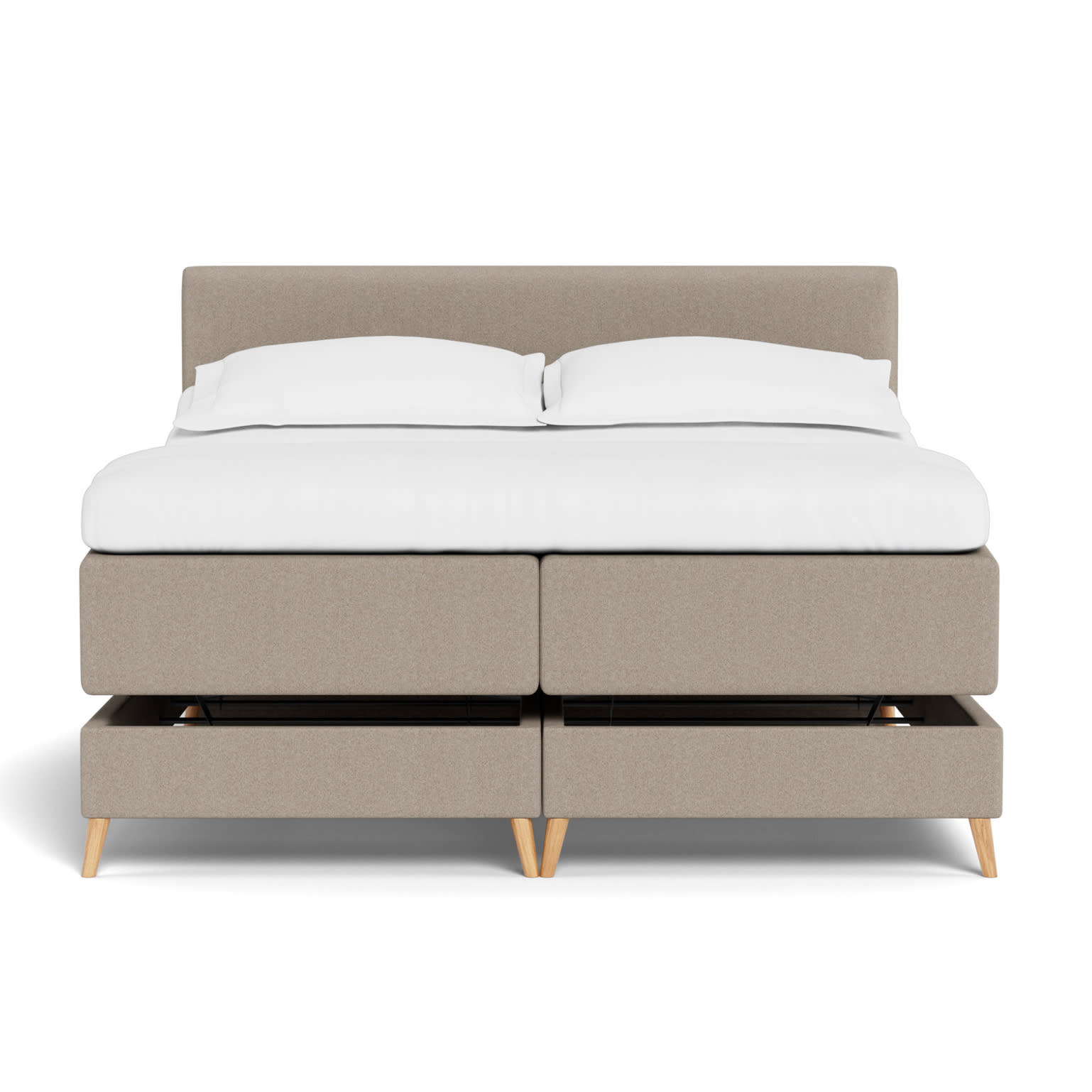 Illustration af en lys beige elevationsseng med hvidt sengetøj og træben.
