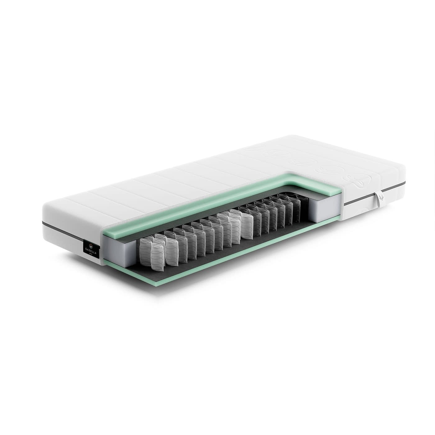 Illustration af en madras med et udskåret udsnit, der viser fjedre og skumlag.