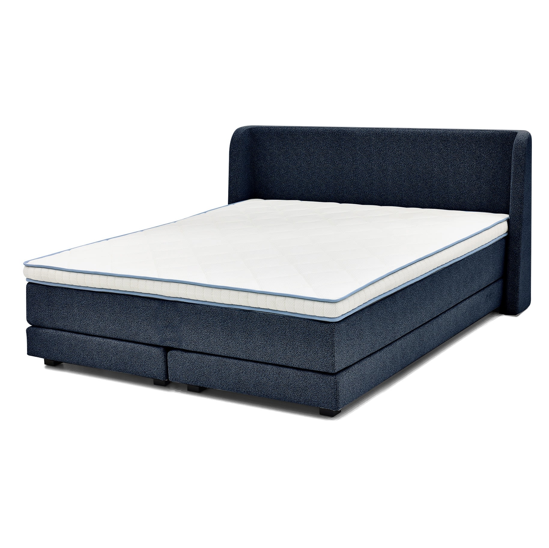 En mørkeblå kontinentalseng med hvid madras og hovedgærde, vist på en hvid baggrund.