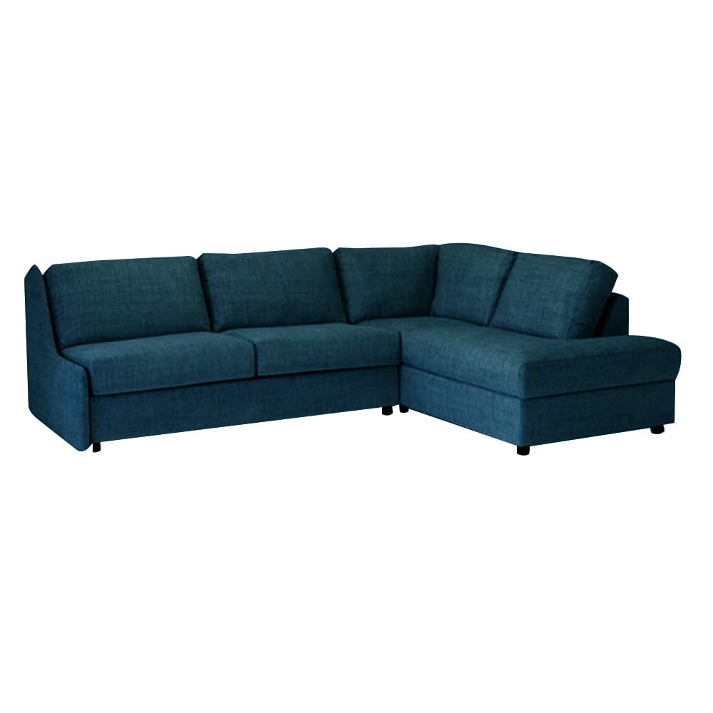 Blå L-formet stofsofa med chaiselong.