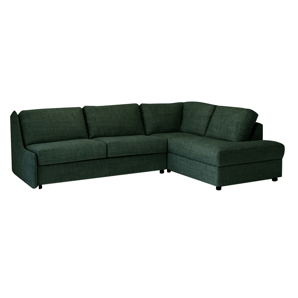 Mørkegrøn hjørnesofa i stof med chaiselong til højre.