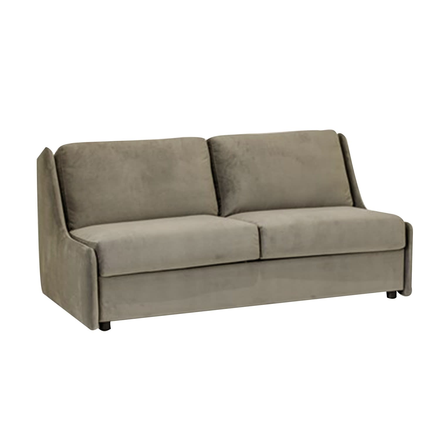 En gråbrun 2-personers sofa i velourlignende stof med enkle armlæn.