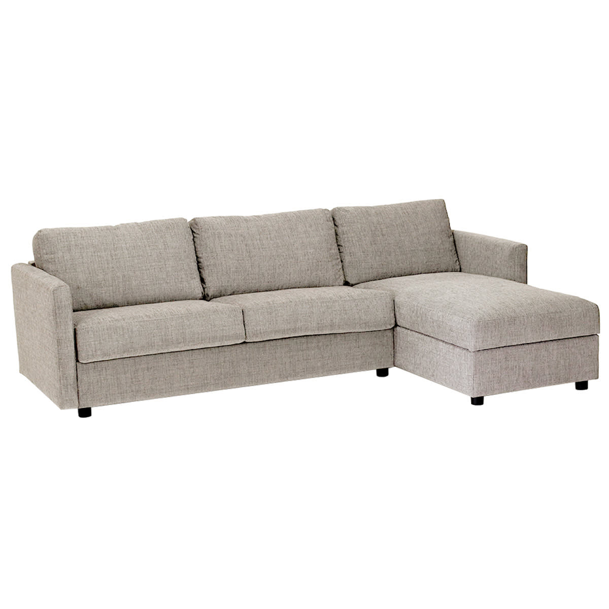 Lysegrå stofsofa med chaiselong til højre.