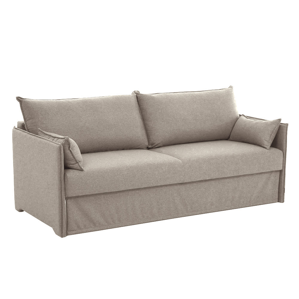 Lys beige sovesofa med store ryg- og armlænspuder.