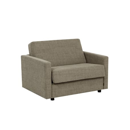 En sandfarvet sovesofa med ét sæde. Den har et enkelt design.
