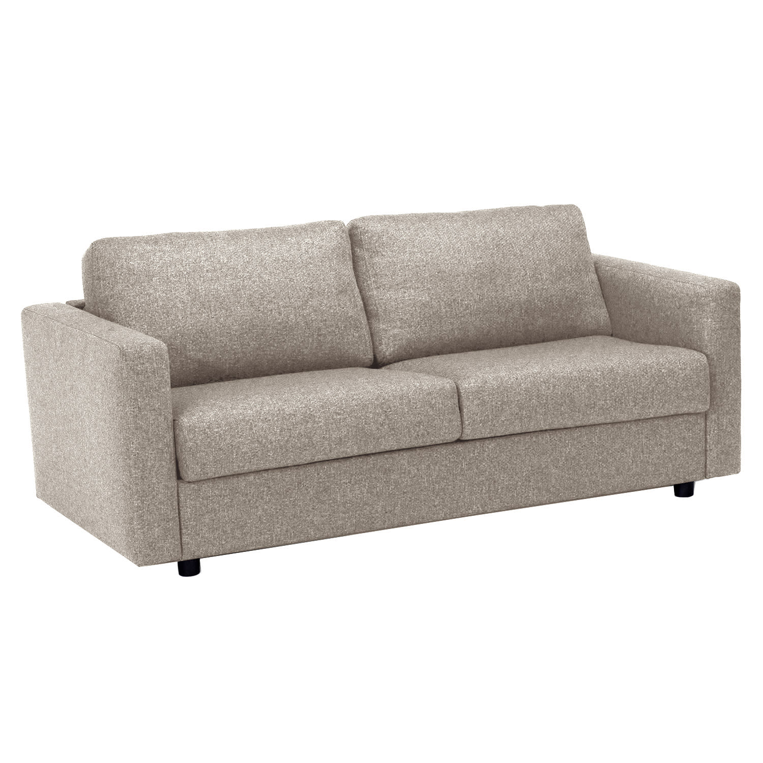 En lysebrun, to-personers stofsofa med et enkelt, moderne design og lave sorte ben.