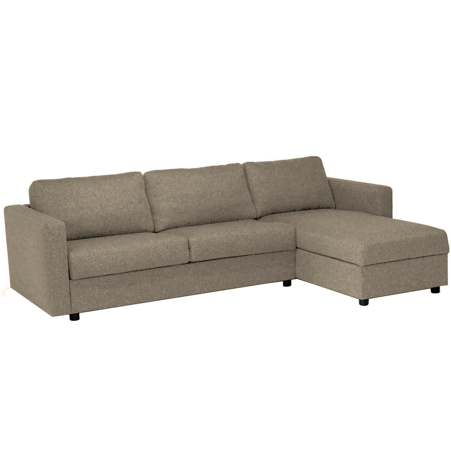 En gråbrun modulsofa med chaiselong til højre. Den har tre sædehynder.