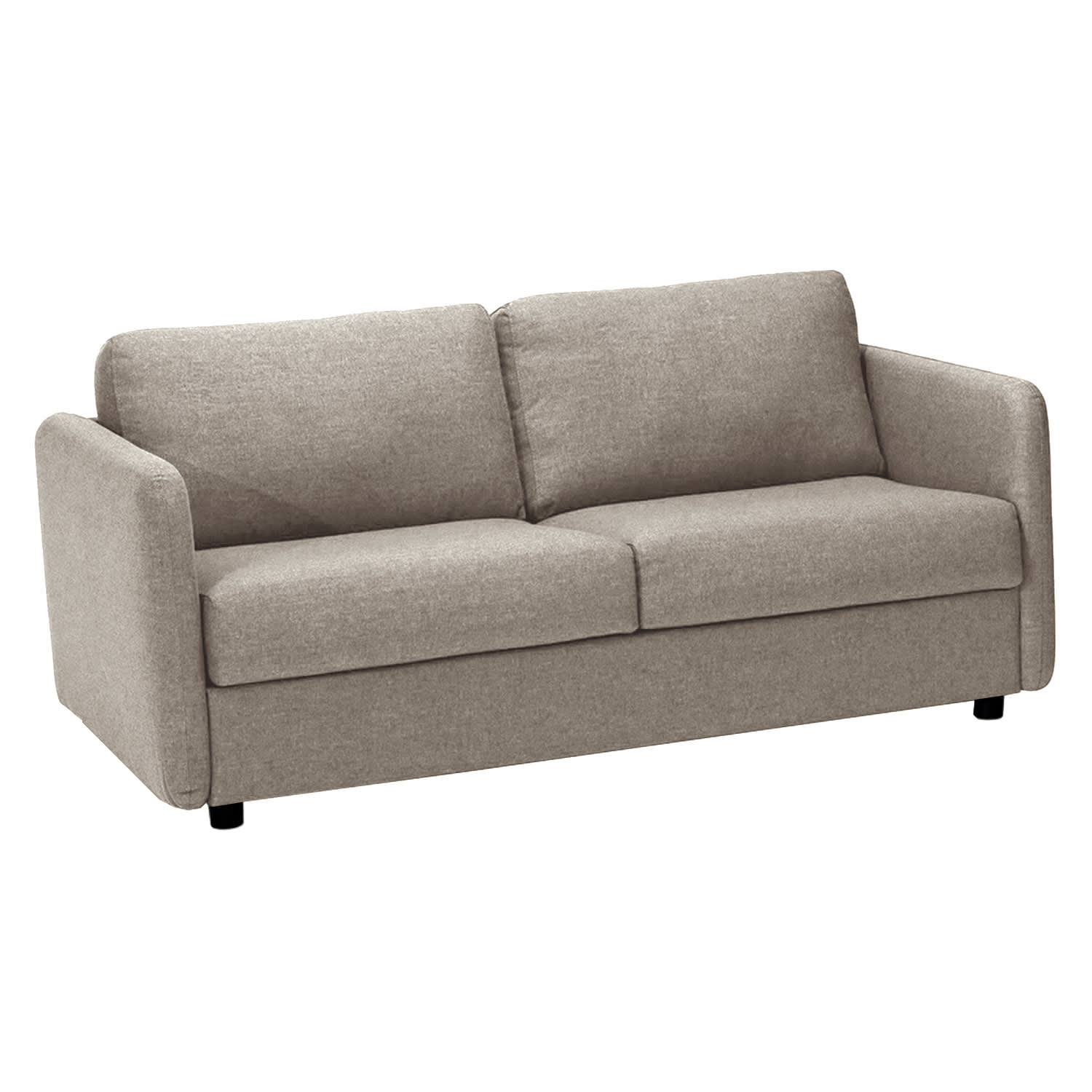 Beige 2-personers sofa med bløde puder og sorte ben.