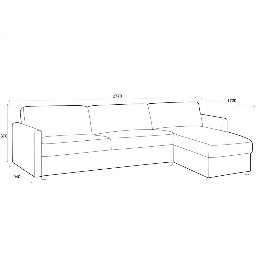 Illustration af L-formet sofa med mål. Den er 2770 mm bred, 870 mm høj og har en chaiselong på 1720 mm dyb.
