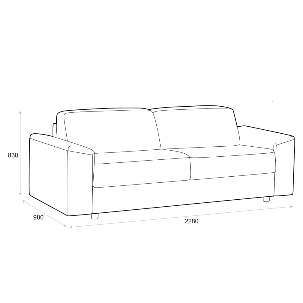 Illustration af en sofa med mål: 830 mm høj, 980 mm dyb og 2280 mm bred.