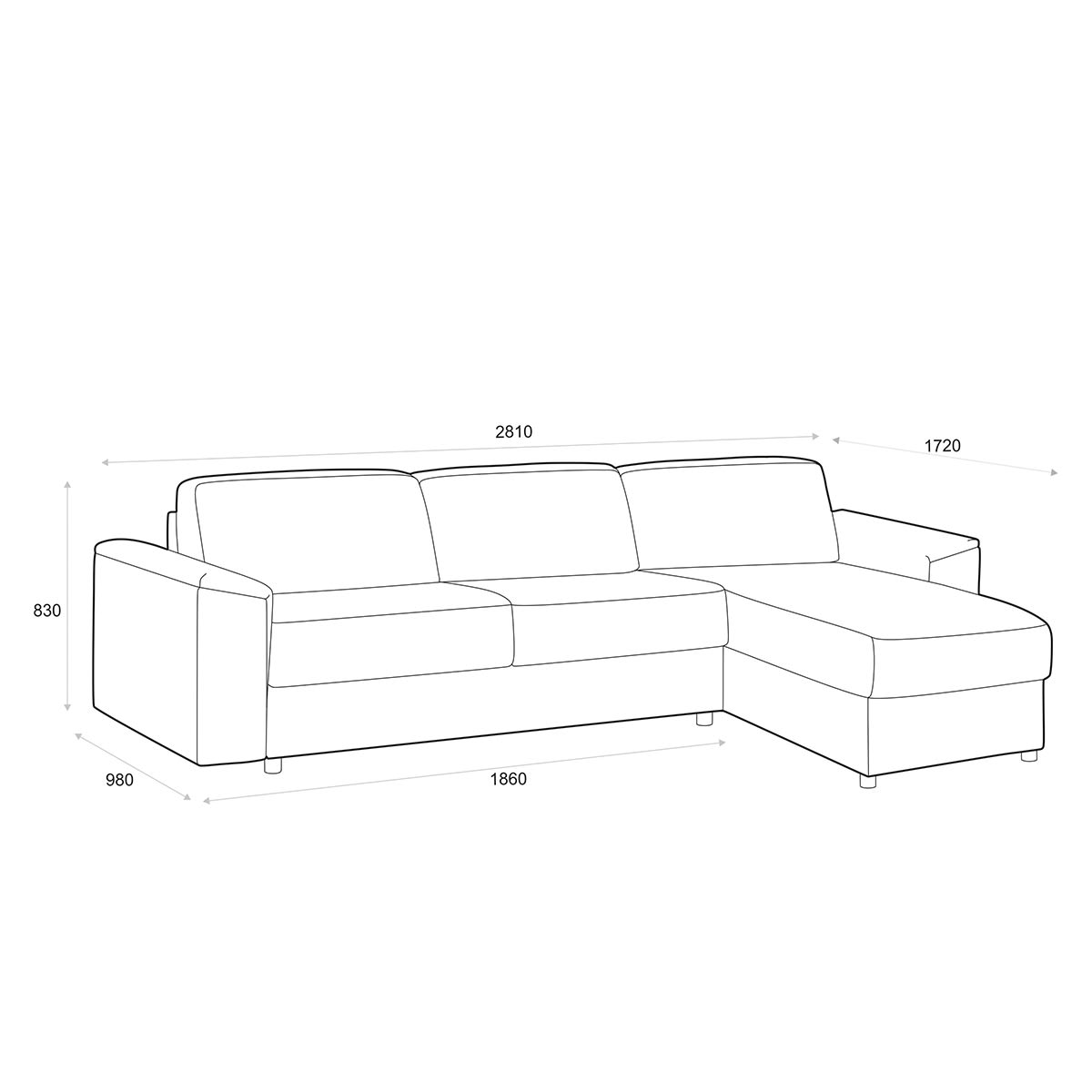 Illustration af en L-formet hjørnesofa med angivne mål, herunder en total længde på 2810 mm.