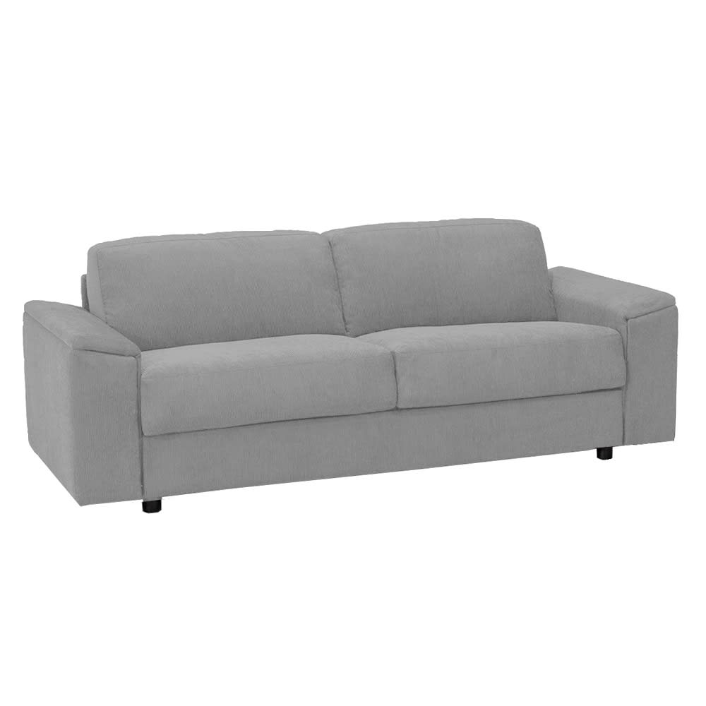 Grå 2-personers sofa med stofbetræk og sorte ben.
