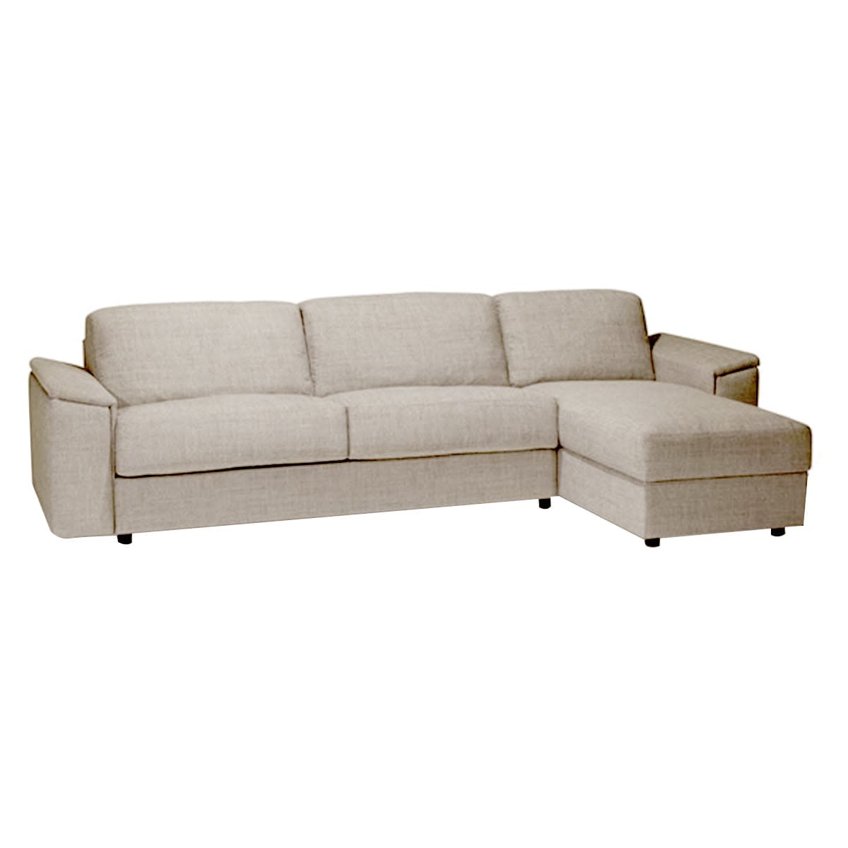 Lys beige L-formet sofa med chaiselong i tekstureret stof.