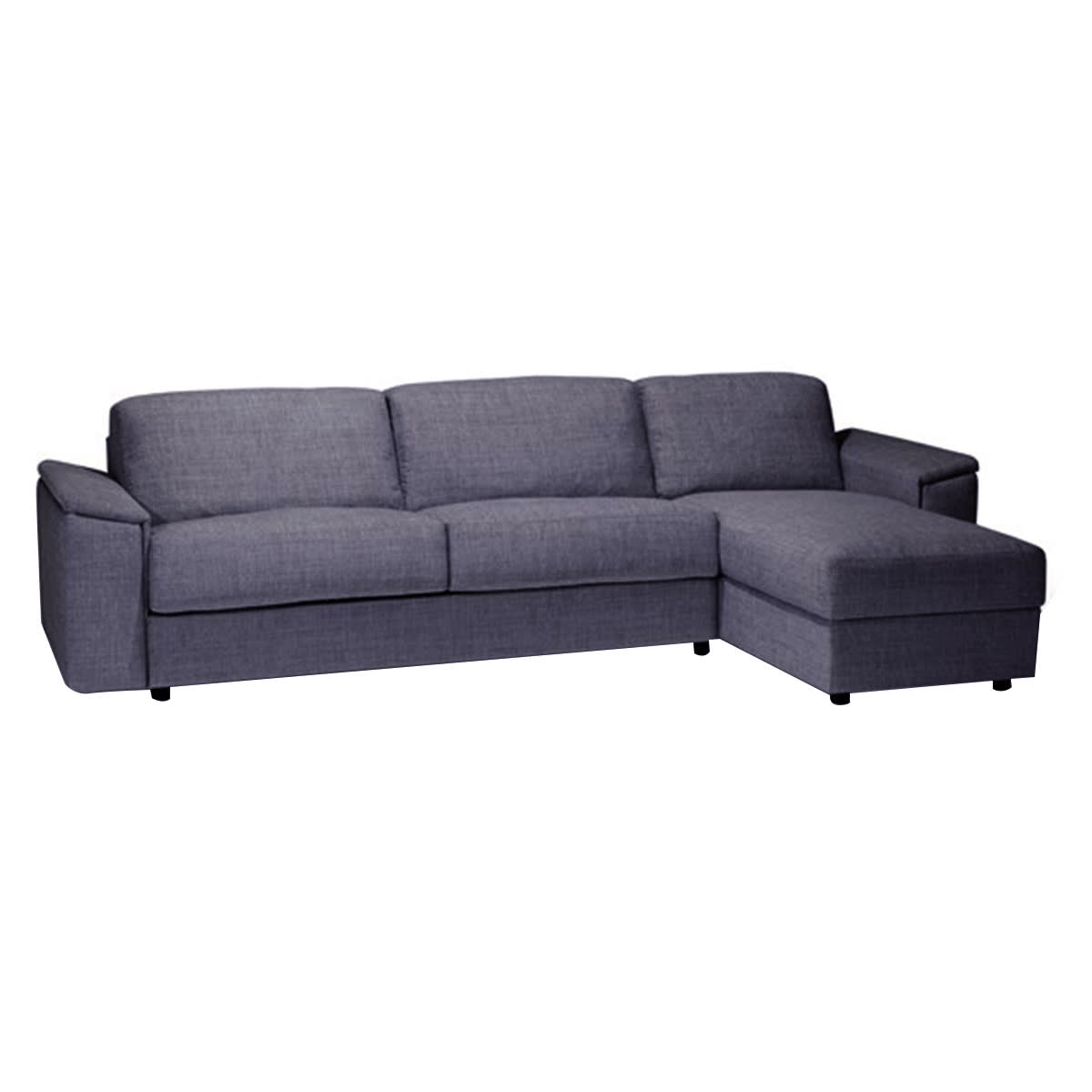 En mørkegrå hjørnesofa med chaiselong på højre side.