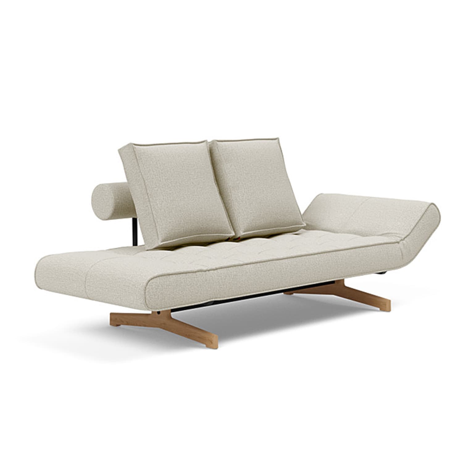 Moderne lysebeige daybed med træben, to ryghynder og en rund bolsterpude.