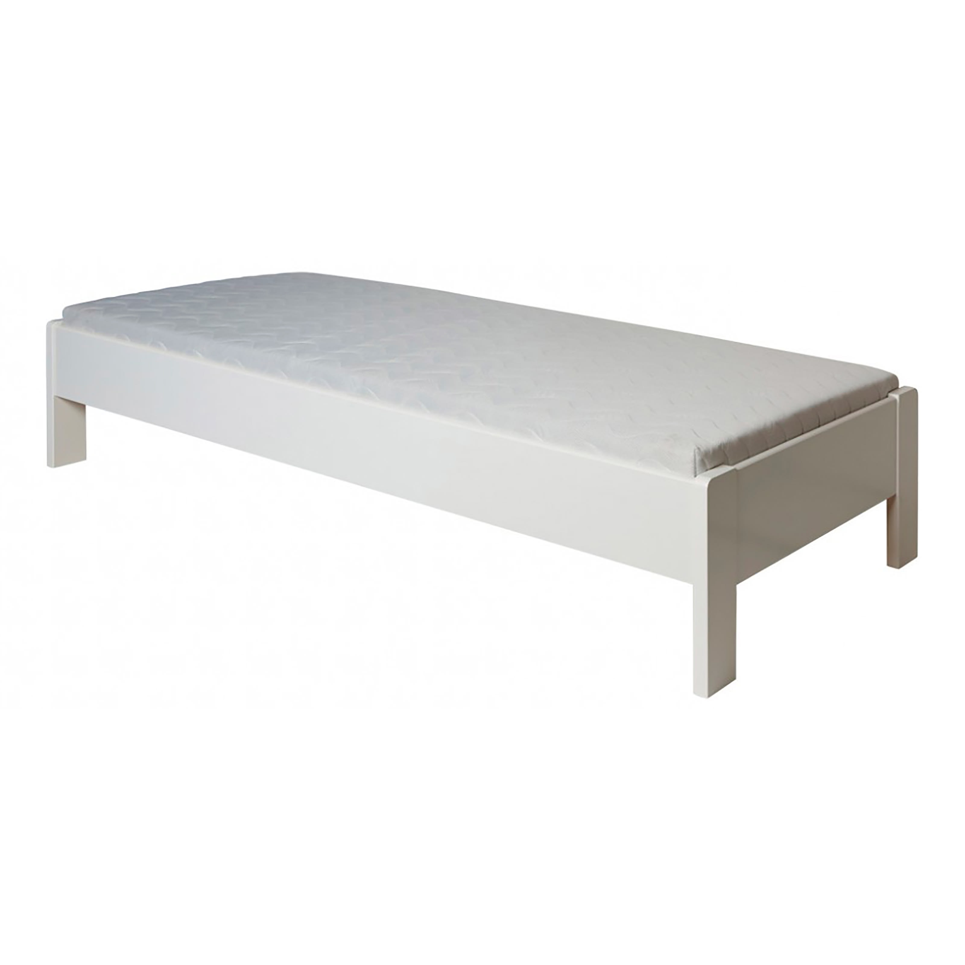 Hvid enkeltseng med en lys grå madras.