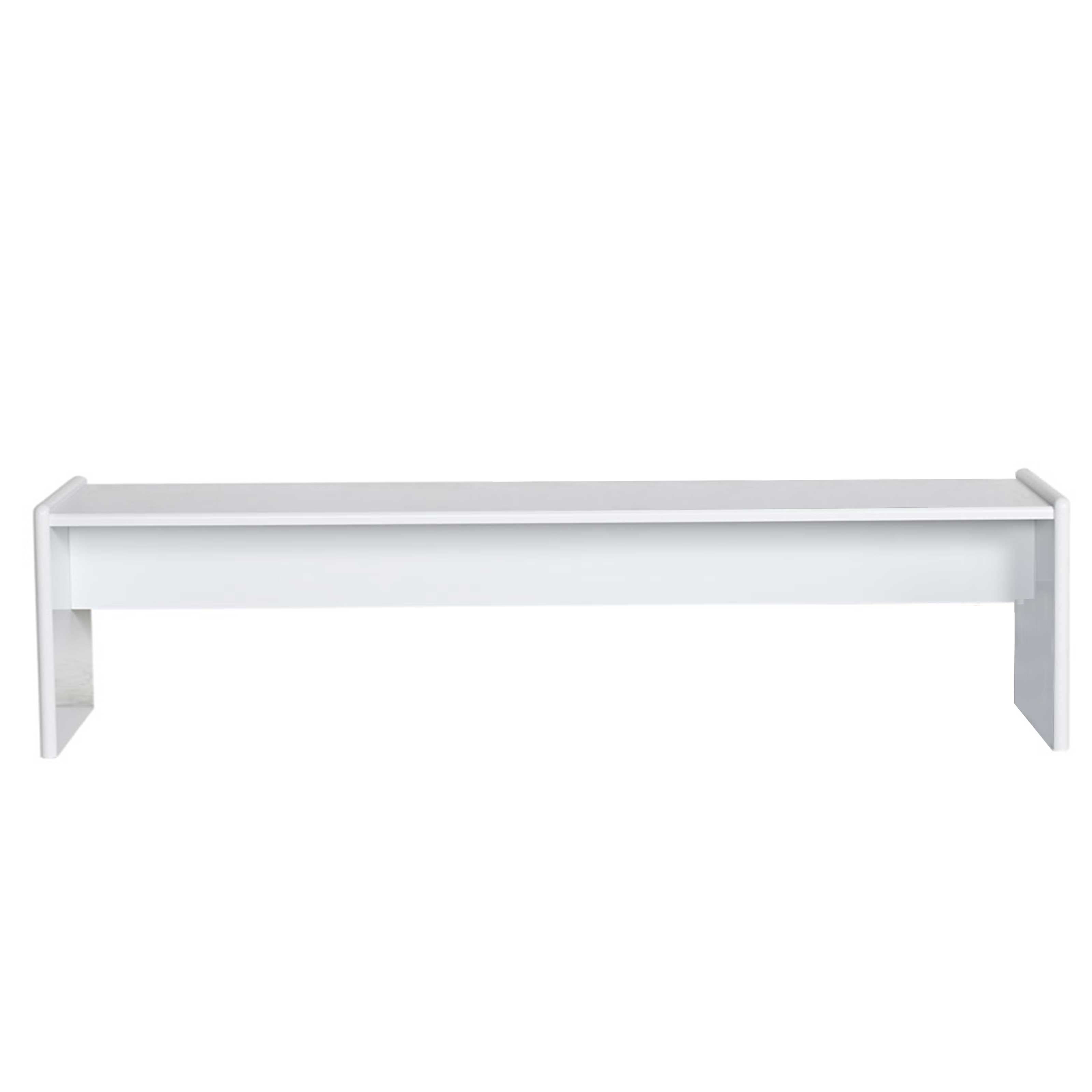 Hvid, minimalistisk bænk med rektangulær form og åbent design.