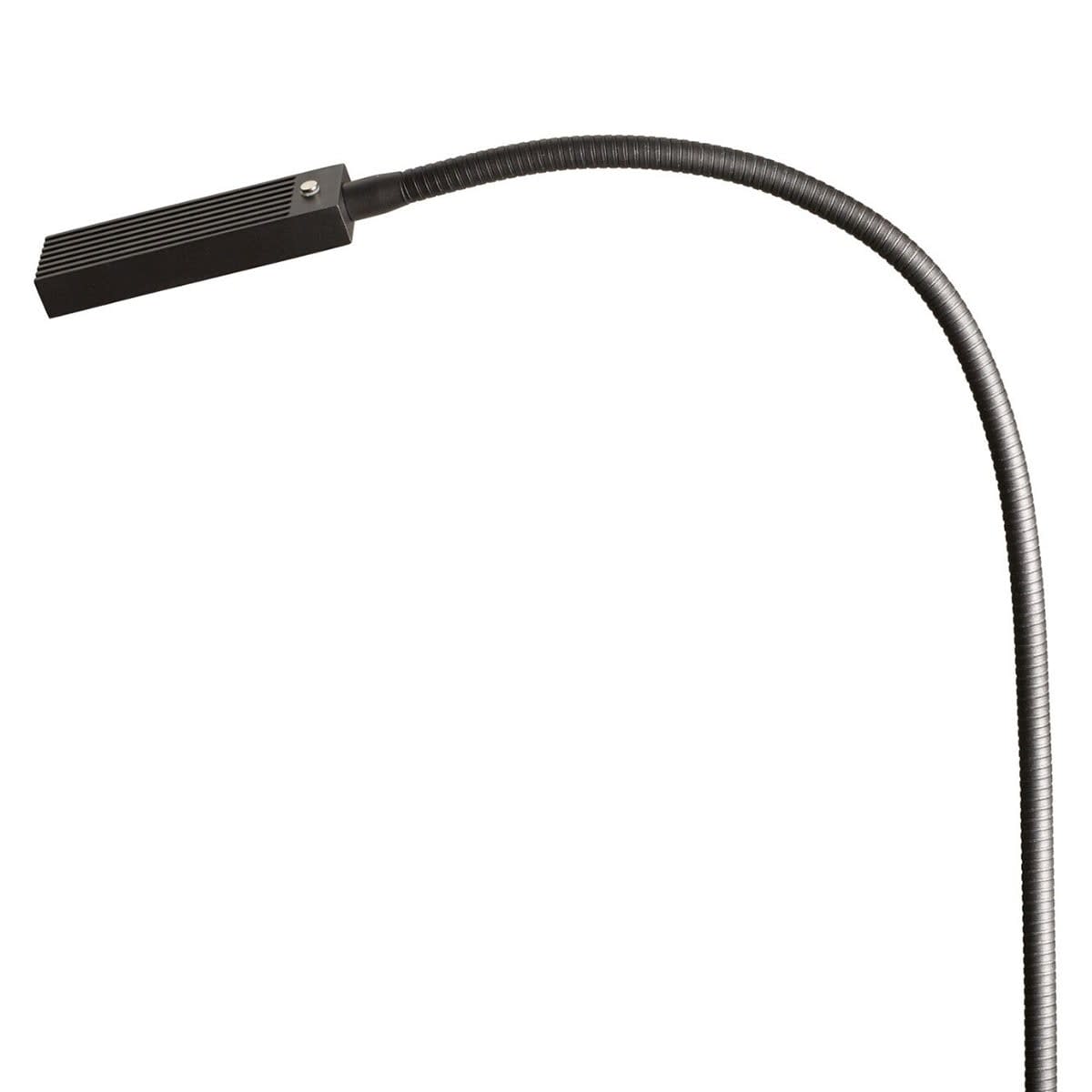 Sort lampehoved med ribbet design og en buet, fleksibel metalarm.
