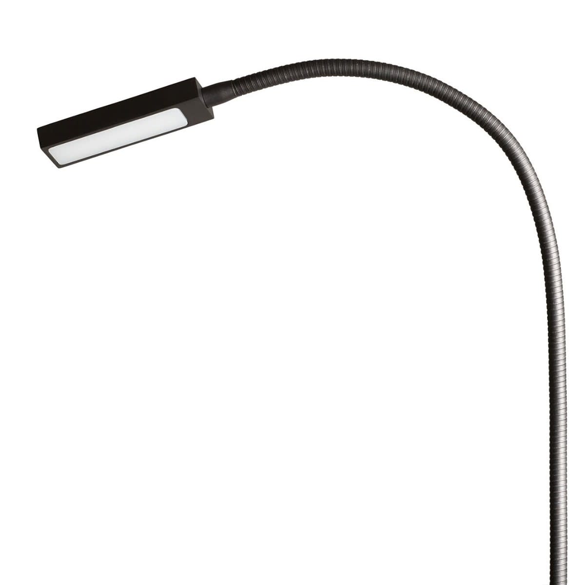 En sort LED-lampe med en fleksibel arm, der bøjer nedad til højre.