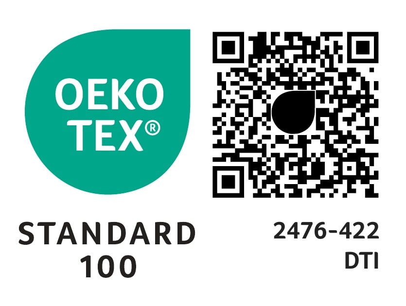 Oeko-Tex Standard 100 logo med en QR-kode for certificering 2476-422 DTI.