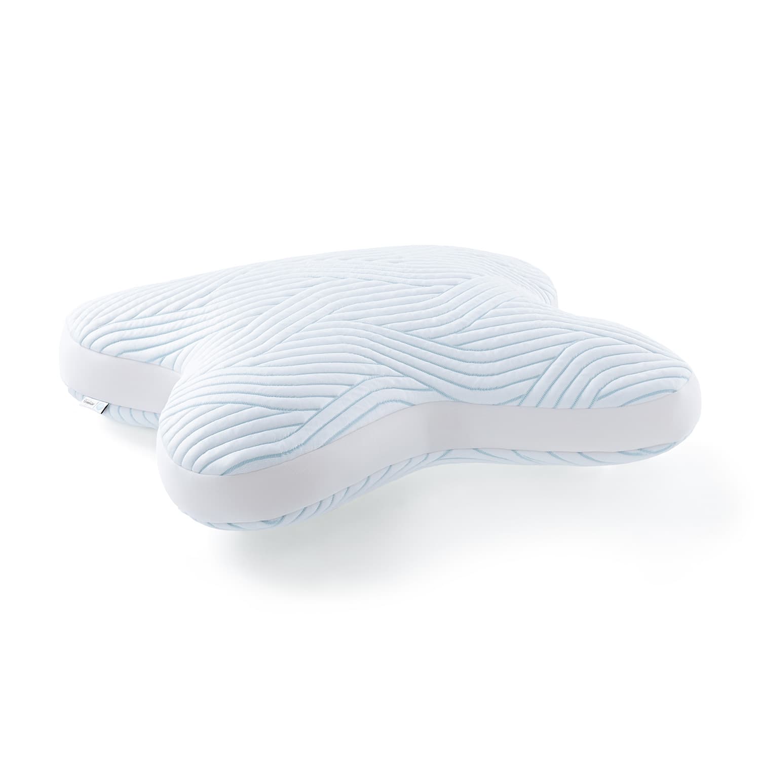 En ergonomisk lyseblå pude med et bølget mønster og hvide kanter.