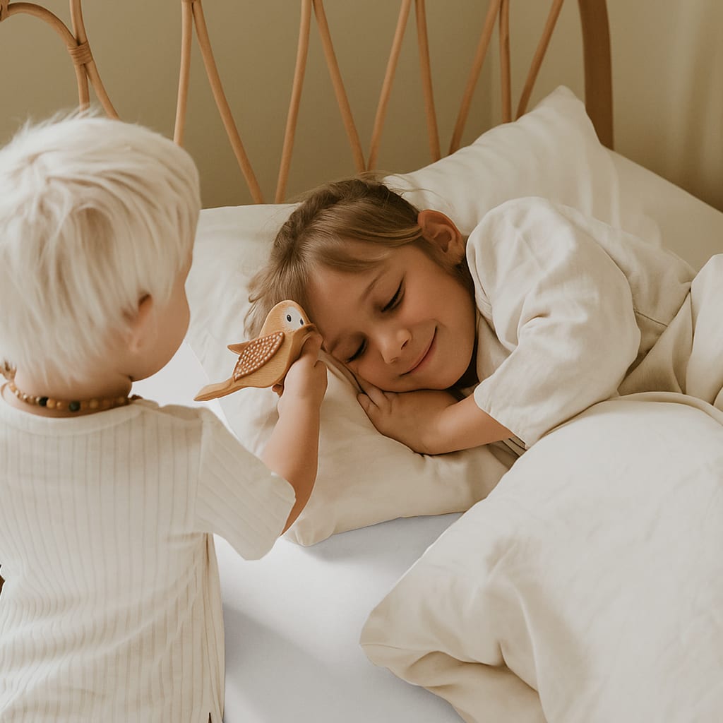 Unikka sengetøj i beige til børneværelse.