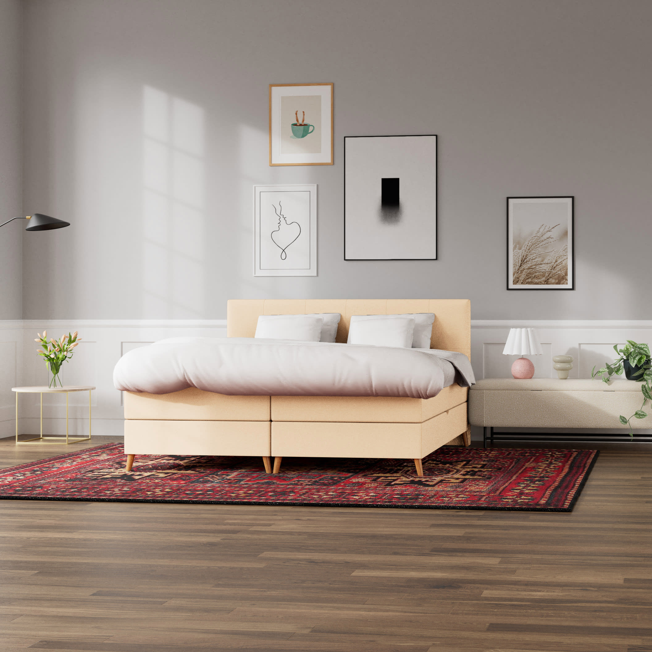 Urban kontinentalseng i beige med polstret gavl og komfortabel madras.