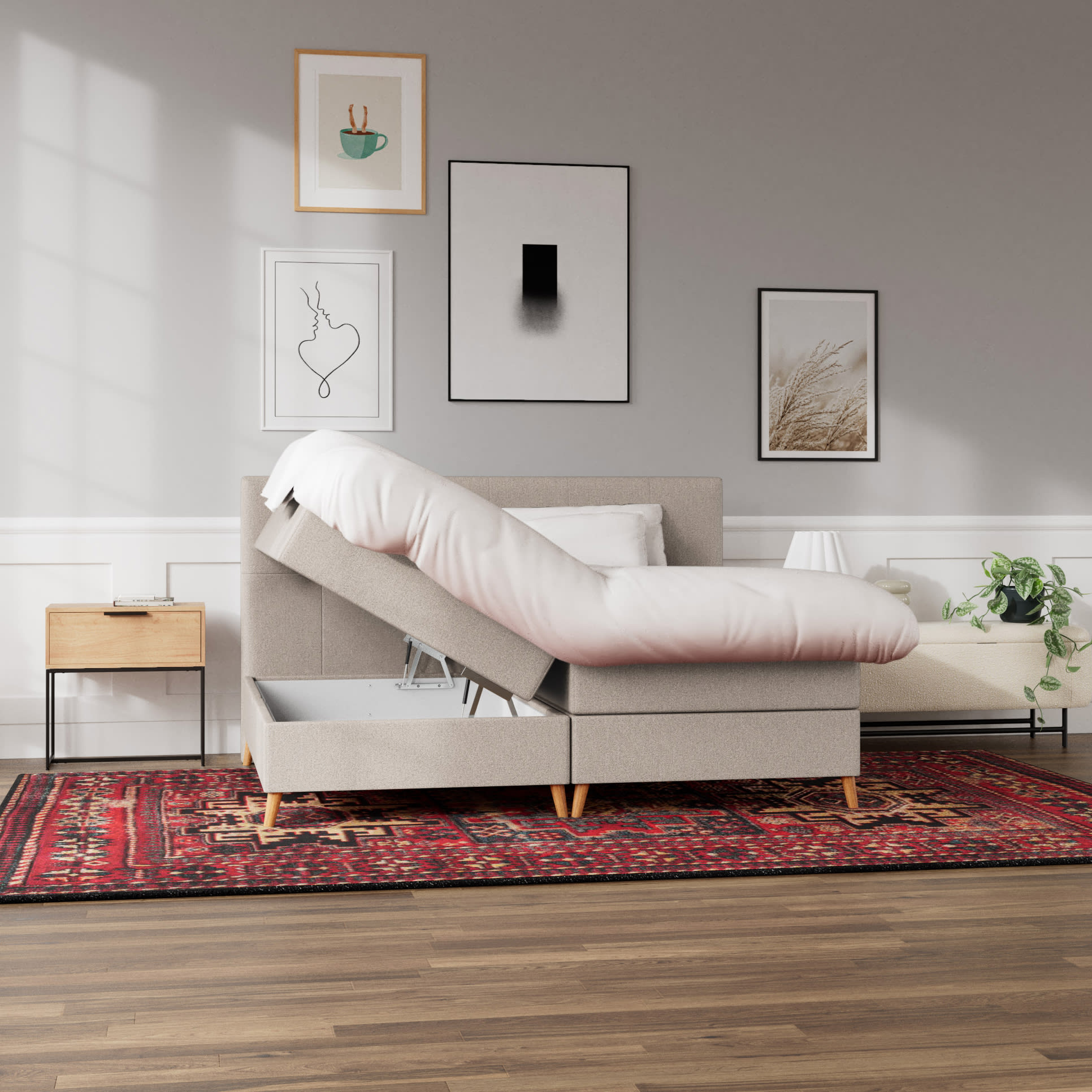 Urban kontinentalseng i beige med polstret gavl og komfortabel madras.