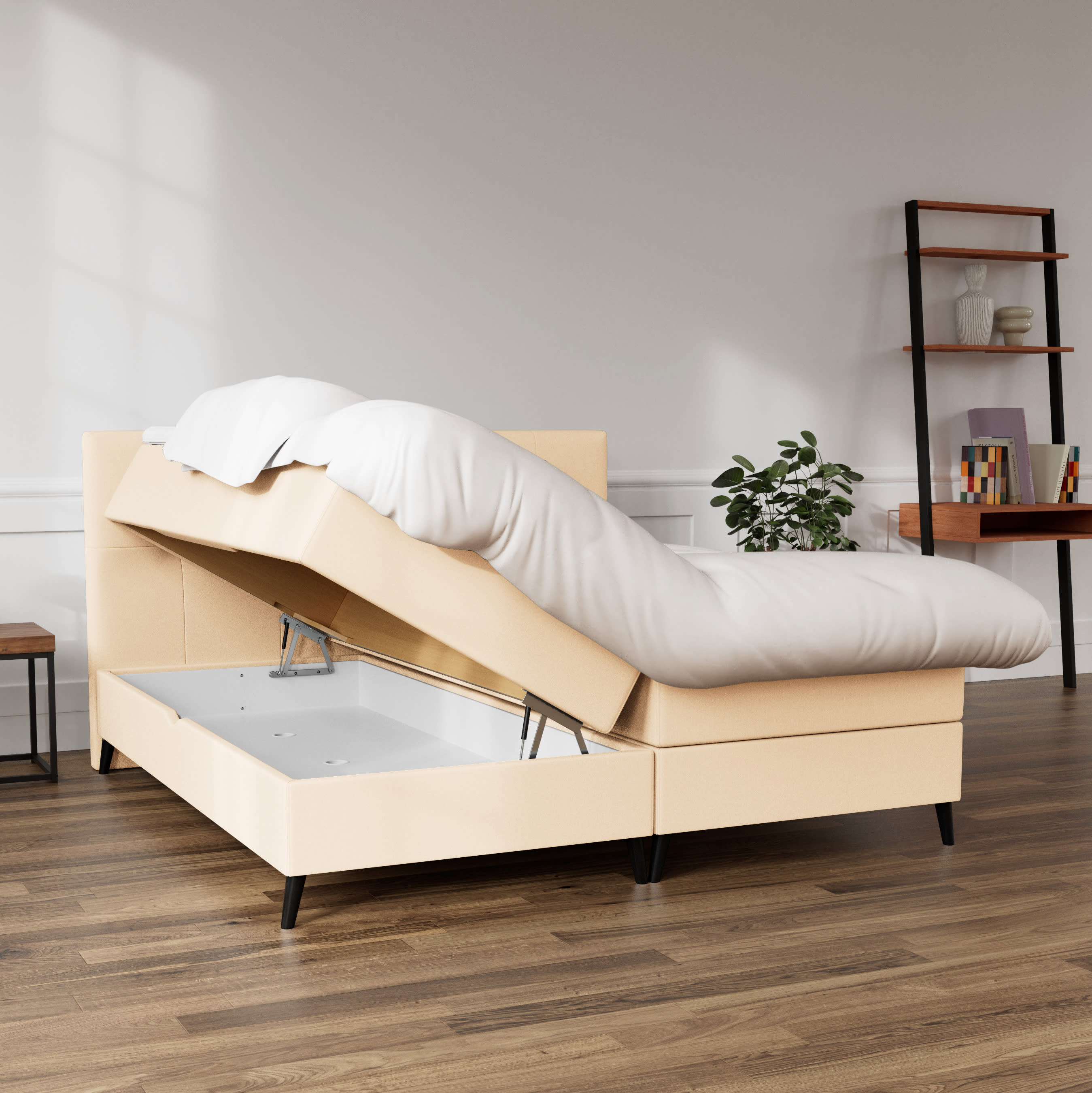 Urban elevationsseng i beige med polstret gavl og komfortabel madras.