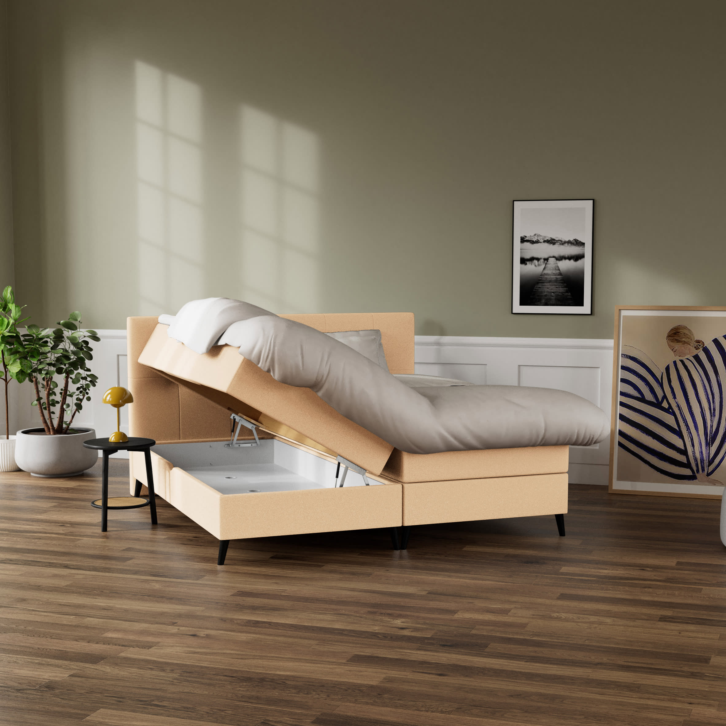 Urban elevationsseng i beige med polstret gavl og komfortabel madras.
