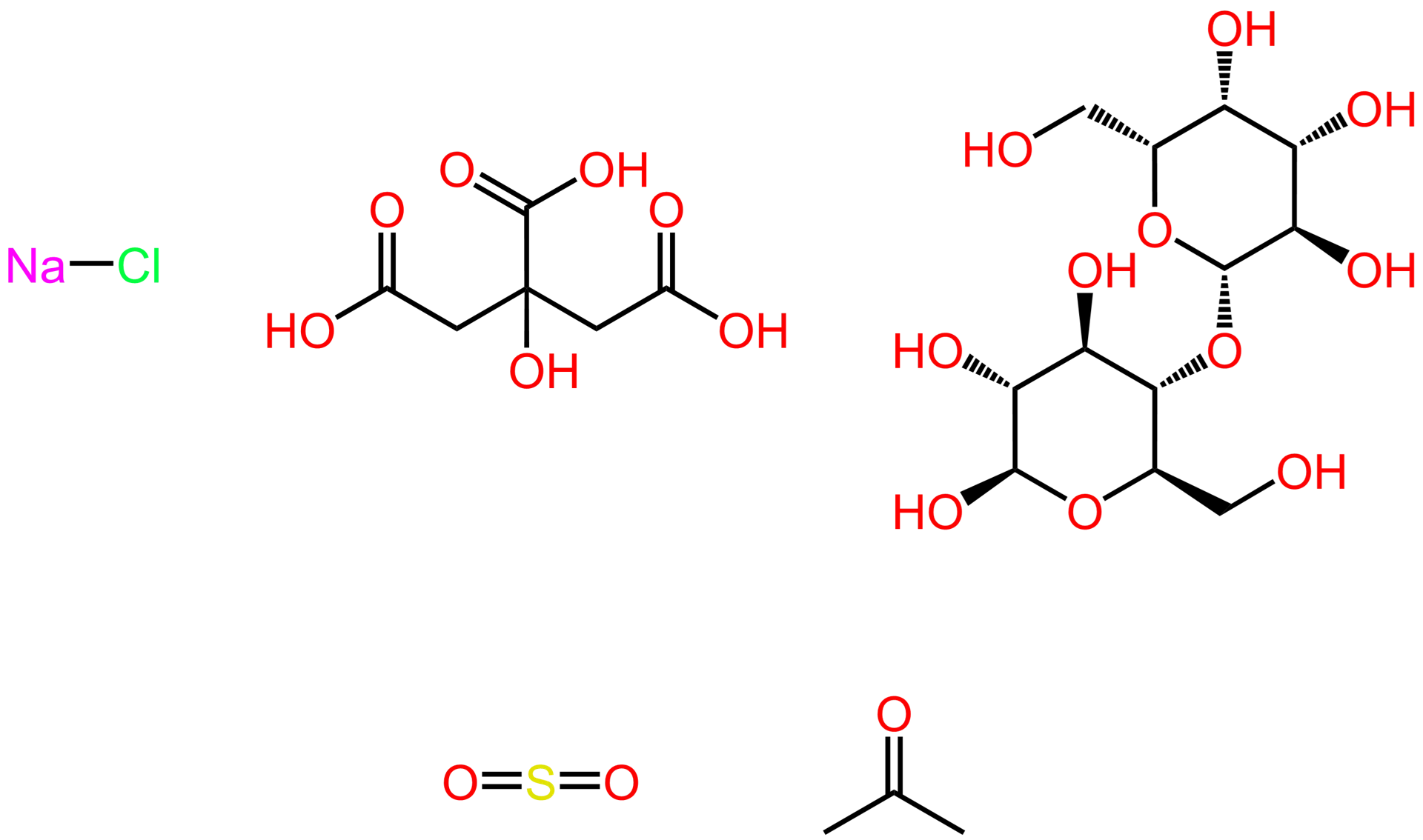 Rappresentazione di strutture molecolari, da sinistra: molecola del cloruro di sodio, acido citrico, lattosio, (seconda riga) anidride solforosa, acetone.
