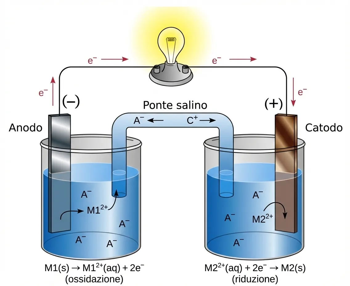 Schema di funzionamento di una generica pila formata da anodo (a sinistra) e catodo (a destra). In questo caso è presente un ponte salino che collega le due soluzioni elettrolitiche.