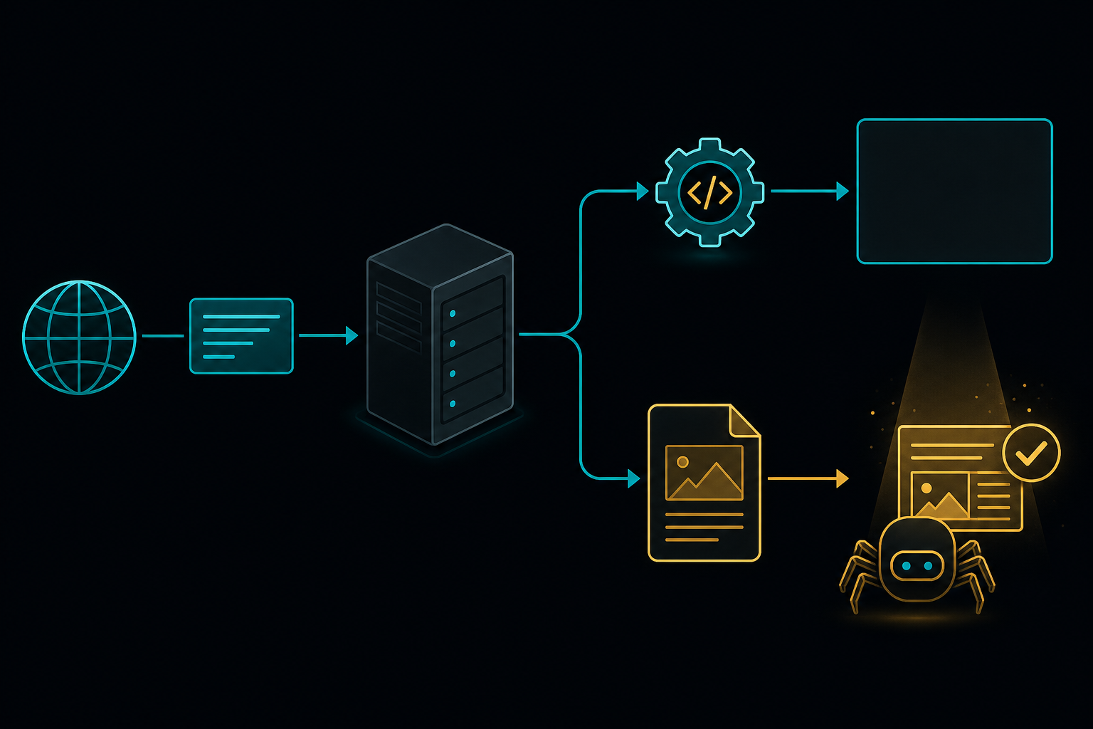 A technical diagram showing an HTTP request going into a server, splitting into two paths — one labeled with a JavaScript gea
