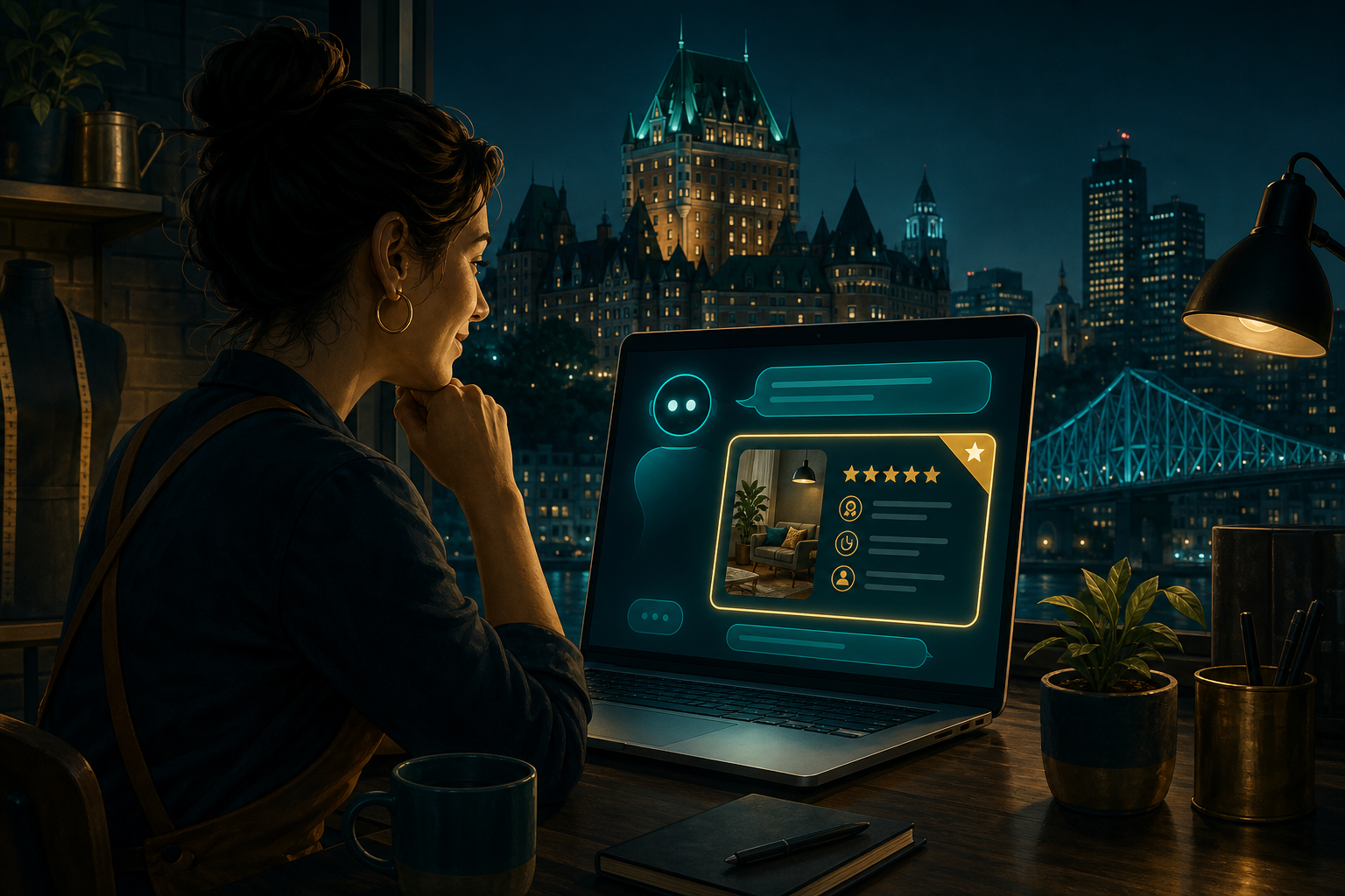 A small business owner looking at a glowing AI chat interface on a laptop screen, with their service listing prominently cite