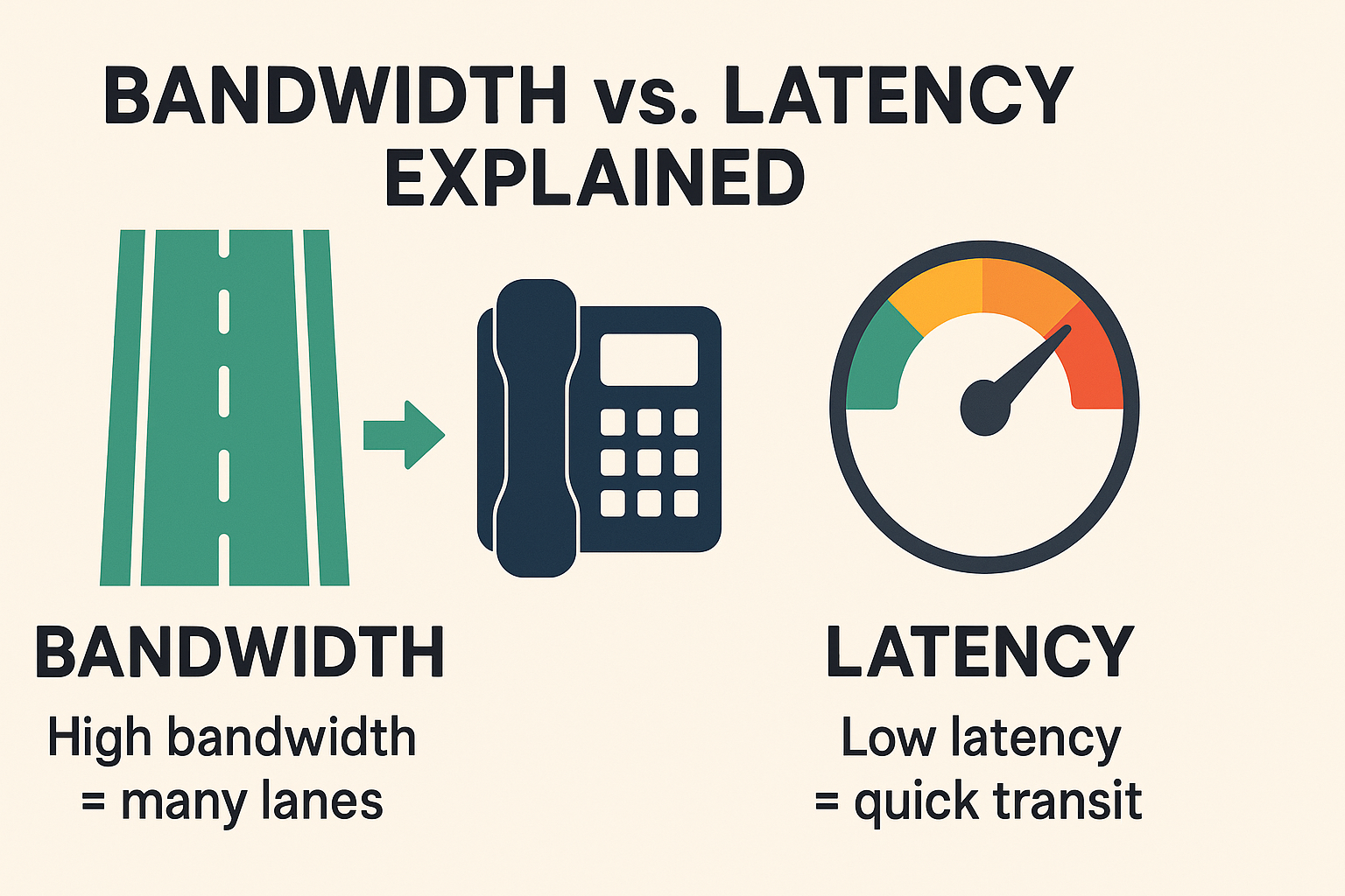 Infographic explaining bandwidth (many lanes) vs latency (speedometer) for VoIP calls.
