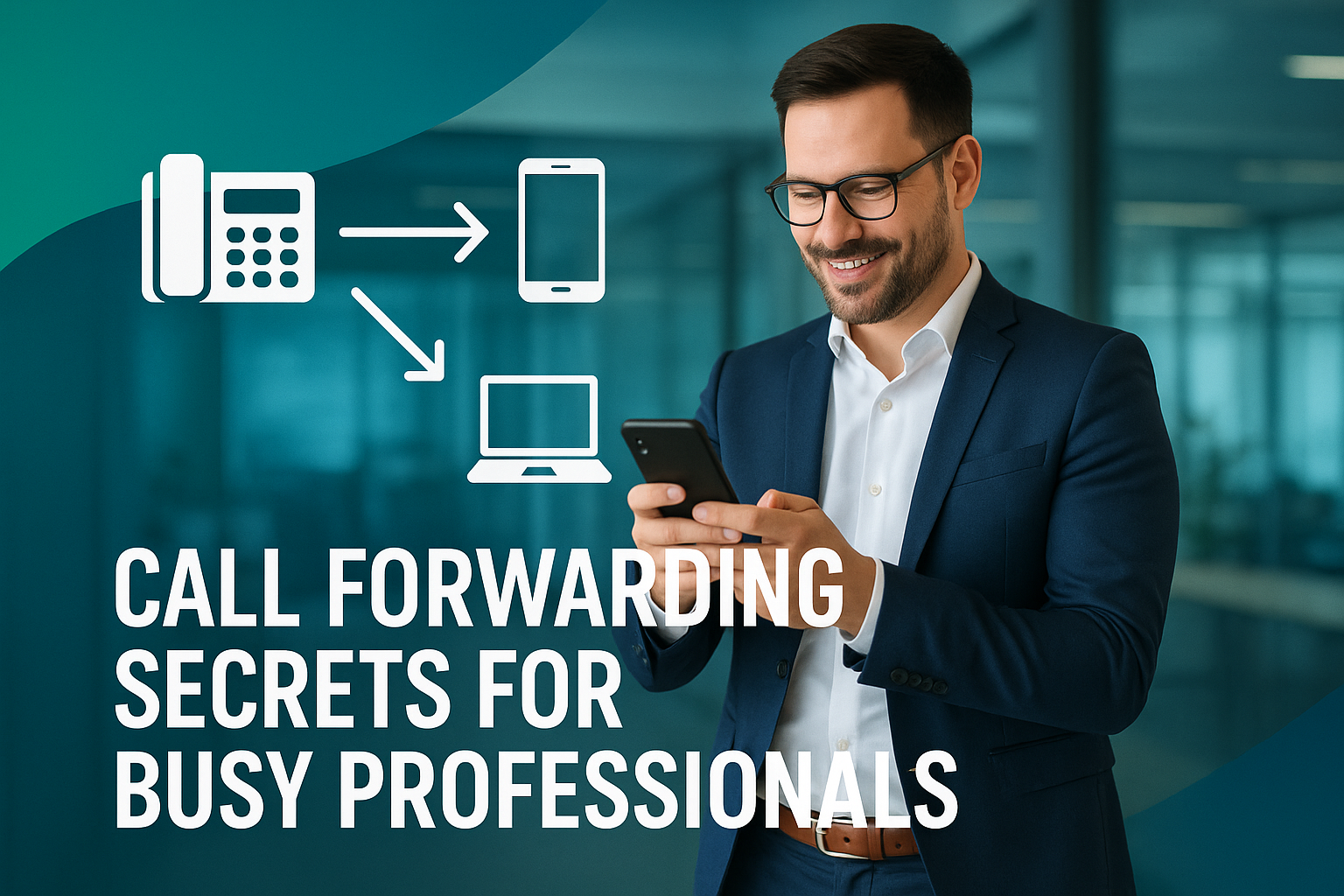 Professional businessman using call forwarding system with multiple devices connected
