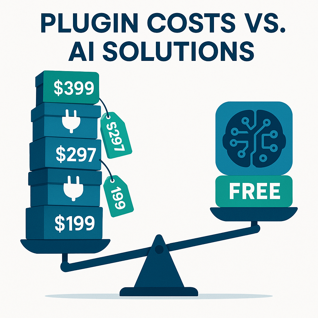 Infographic showing balance scale with expensive plugin stack ($399, $297, $199) versus free AI solution